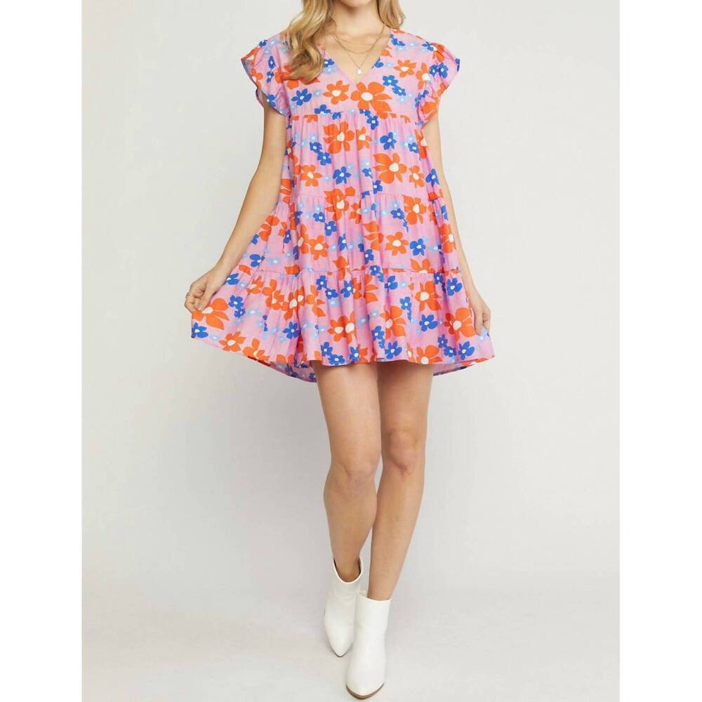 NEW ENTRO floral tiered babydoll dress in pink - Picture 5 of 7